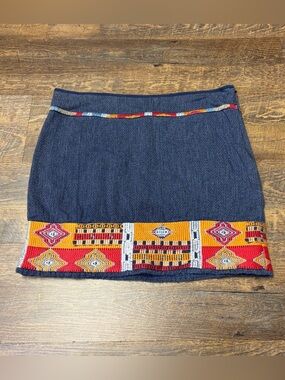 Peruvian Connection Cotton Mini Skirt Tribal Embroidered Hem Boho Womens 10 Blue